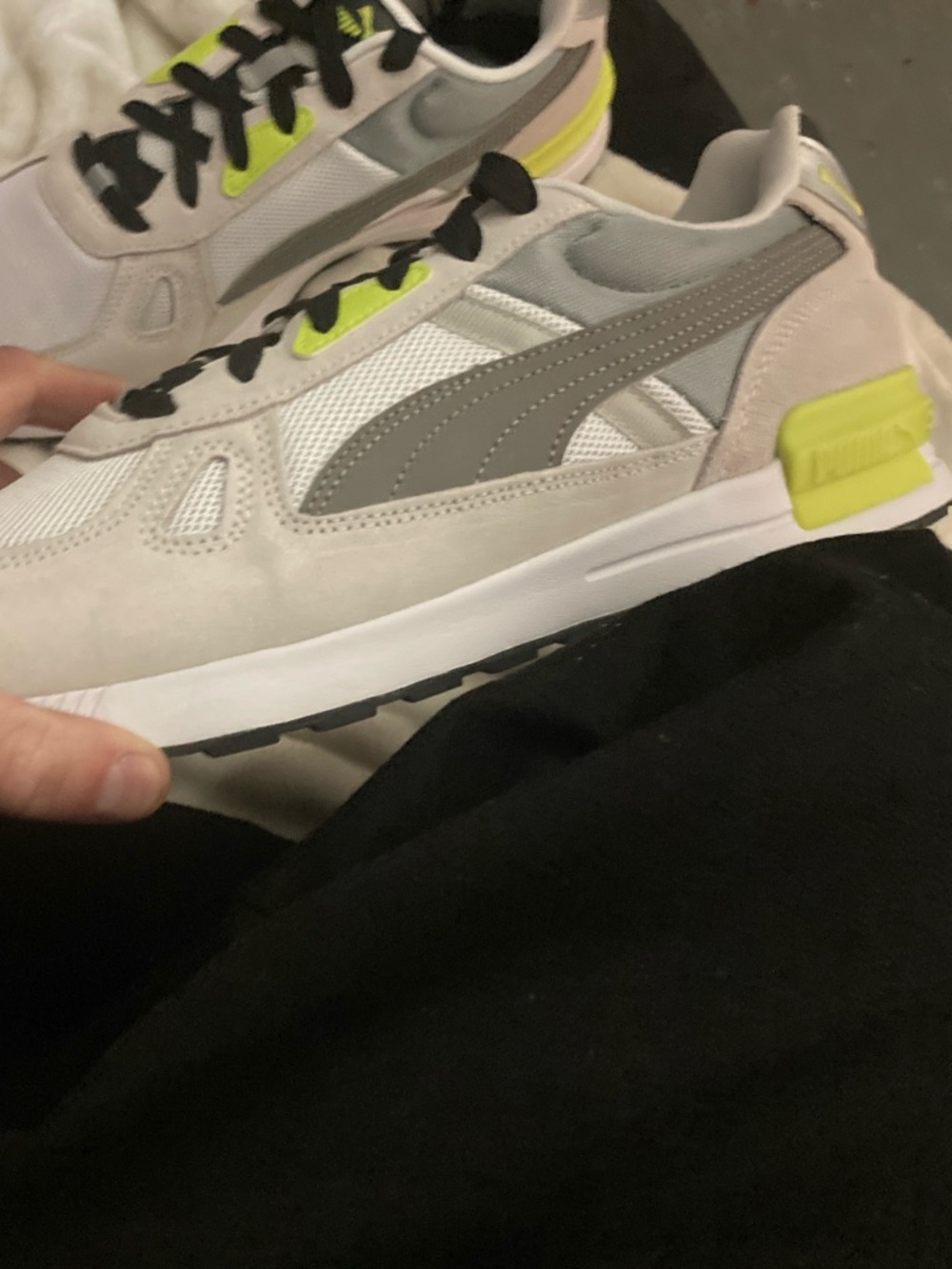 Puma Light Gray and Neon Yellow Low-Top Sneakers